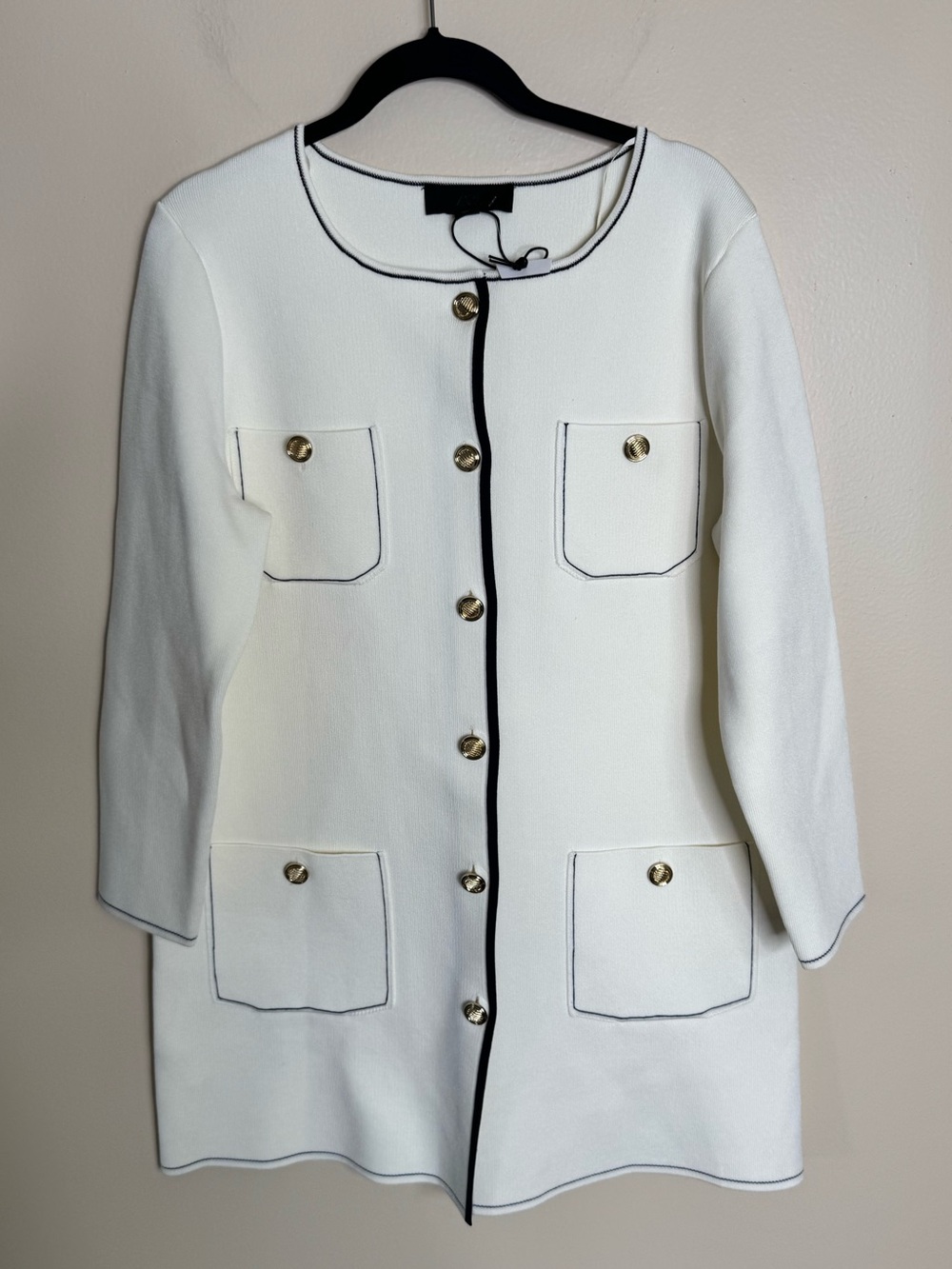 Zara Contrast Piping Cardigan Blazer Gold Buttons Neoprene Long Sleeve Large